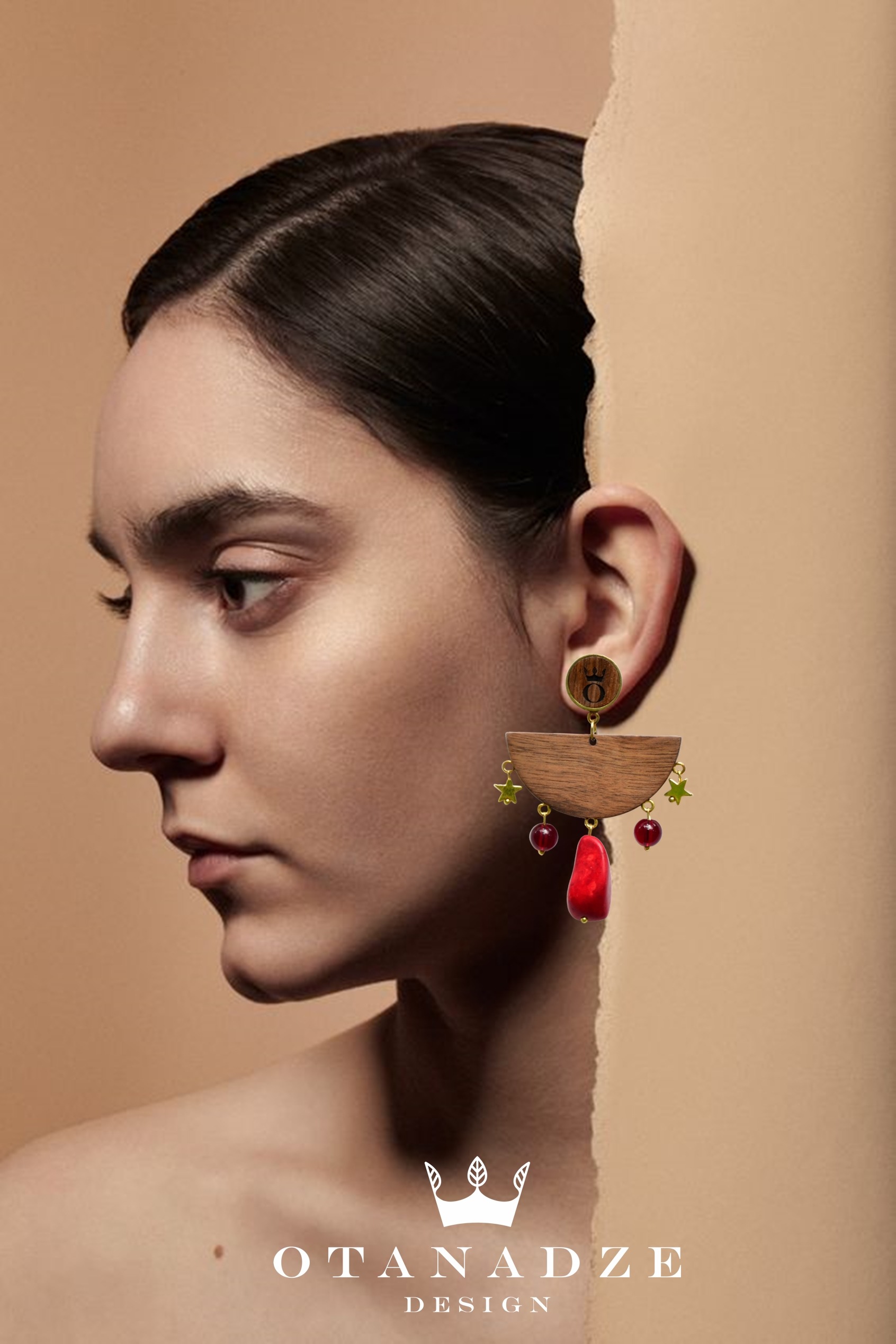 Handmade Wooden Earrings With Silver, Red Howlite and Garnet.