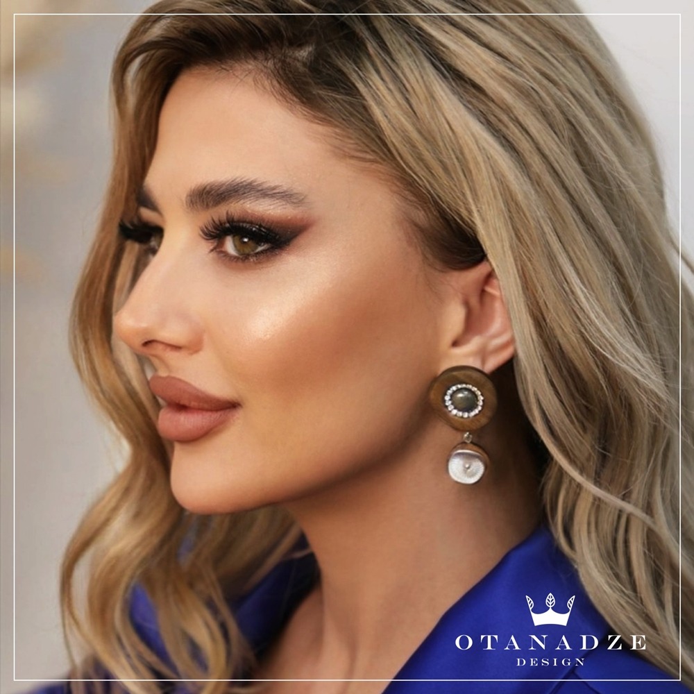 Handmade Wooden Earrings With Pyrite Stone and Zircons