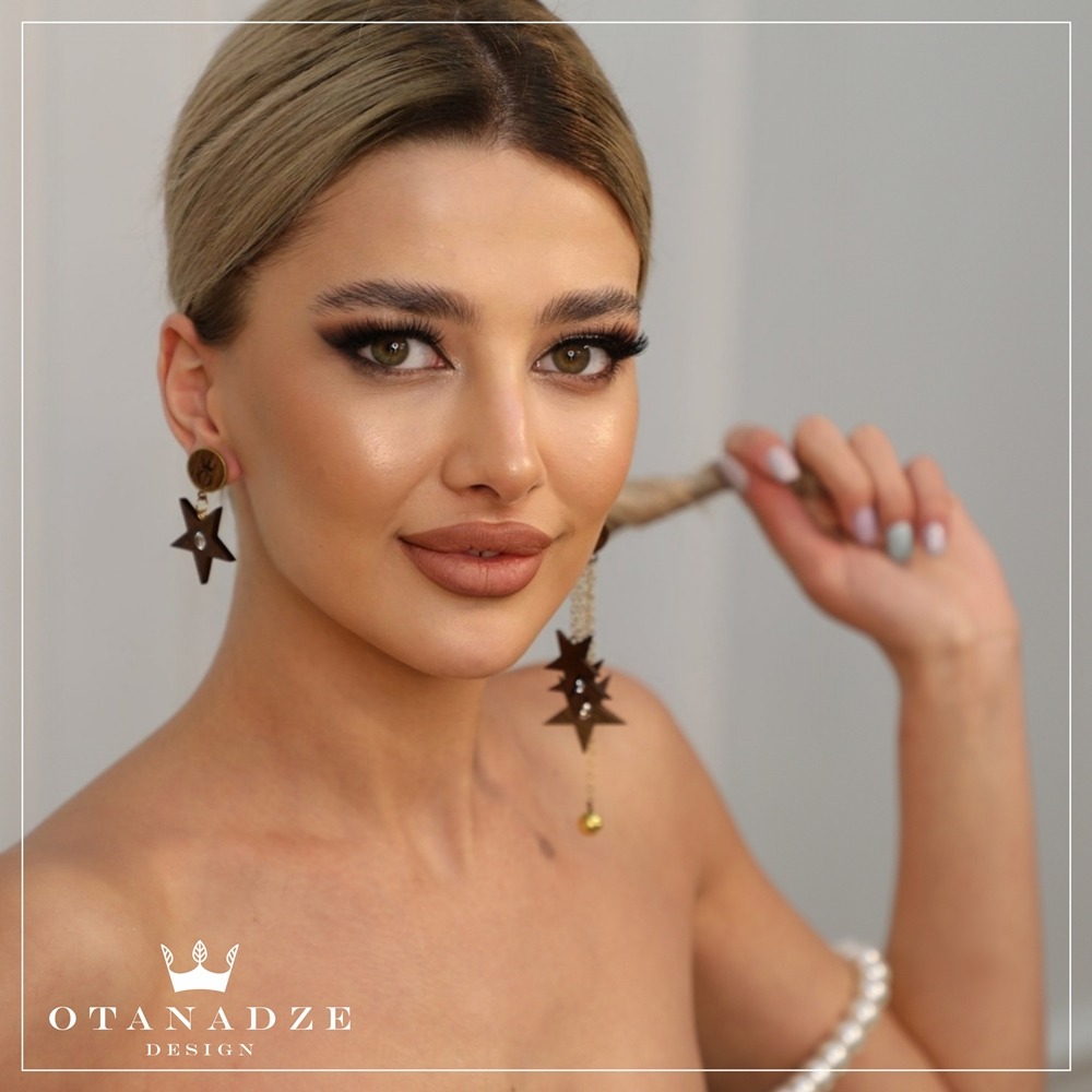 Handmade Wooden Earrings With Zircons and Lava Stone - Image 3