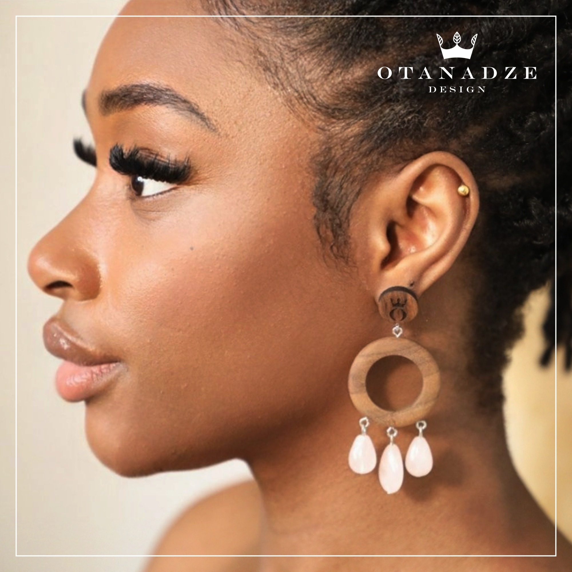 Handmade Wooden Earrings With White Agate - Image 2