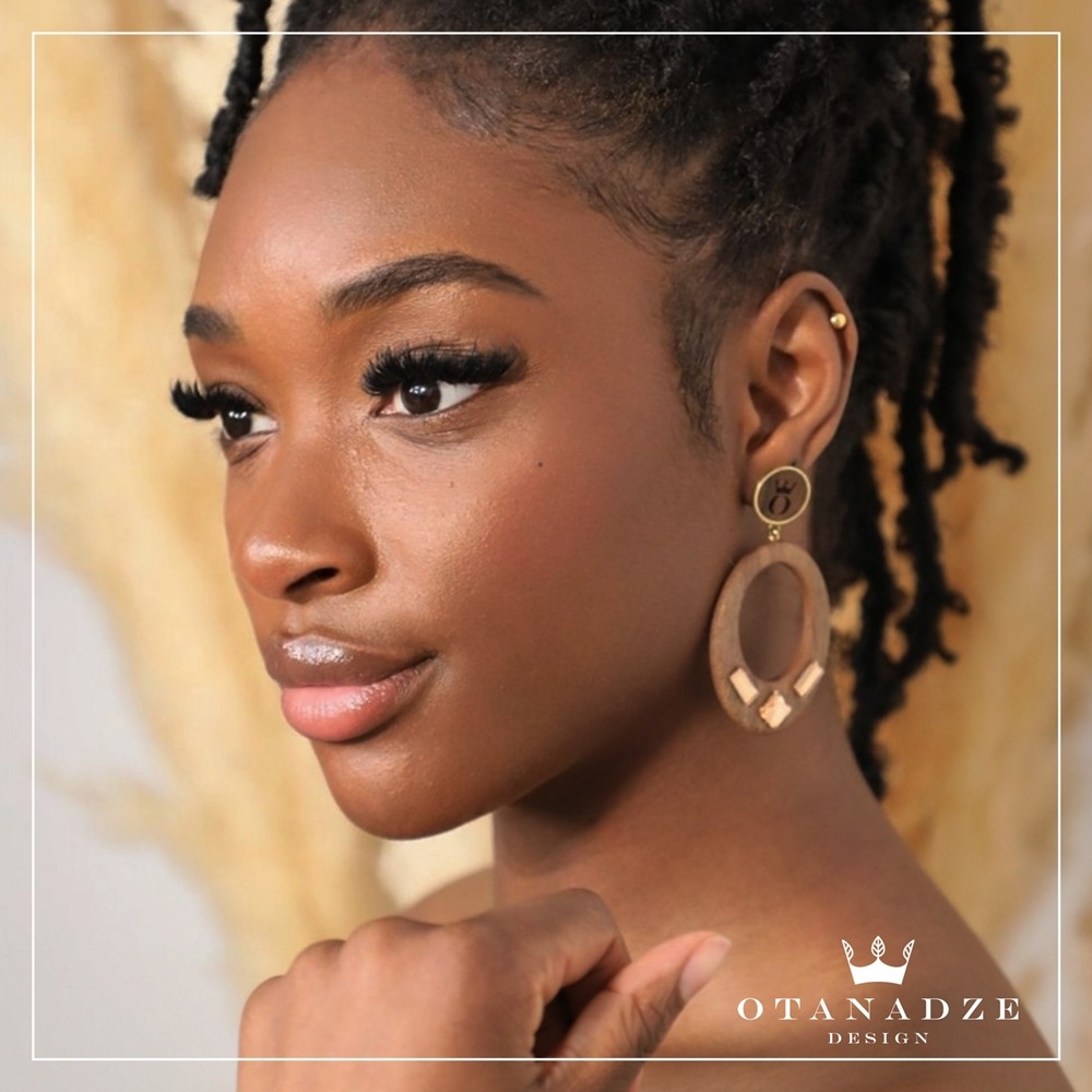 Handmade Wooden Earrings With Golden Glass - Image 3