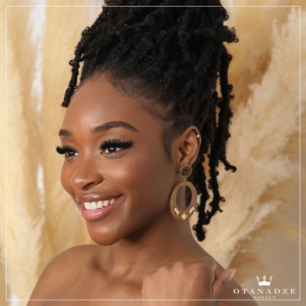 Handmade Wooden Earrings With Golden Glass