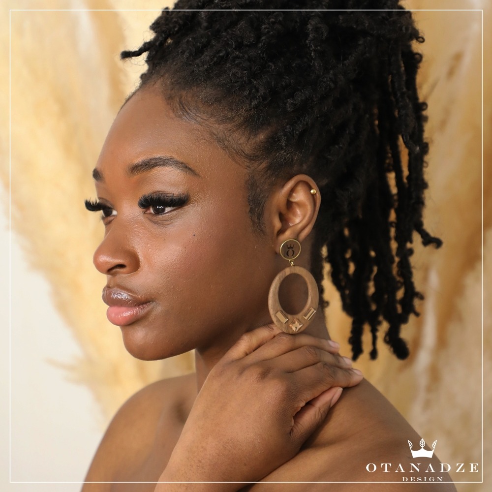 Handmade Wooden Earrings With Golden Glass - Image 2