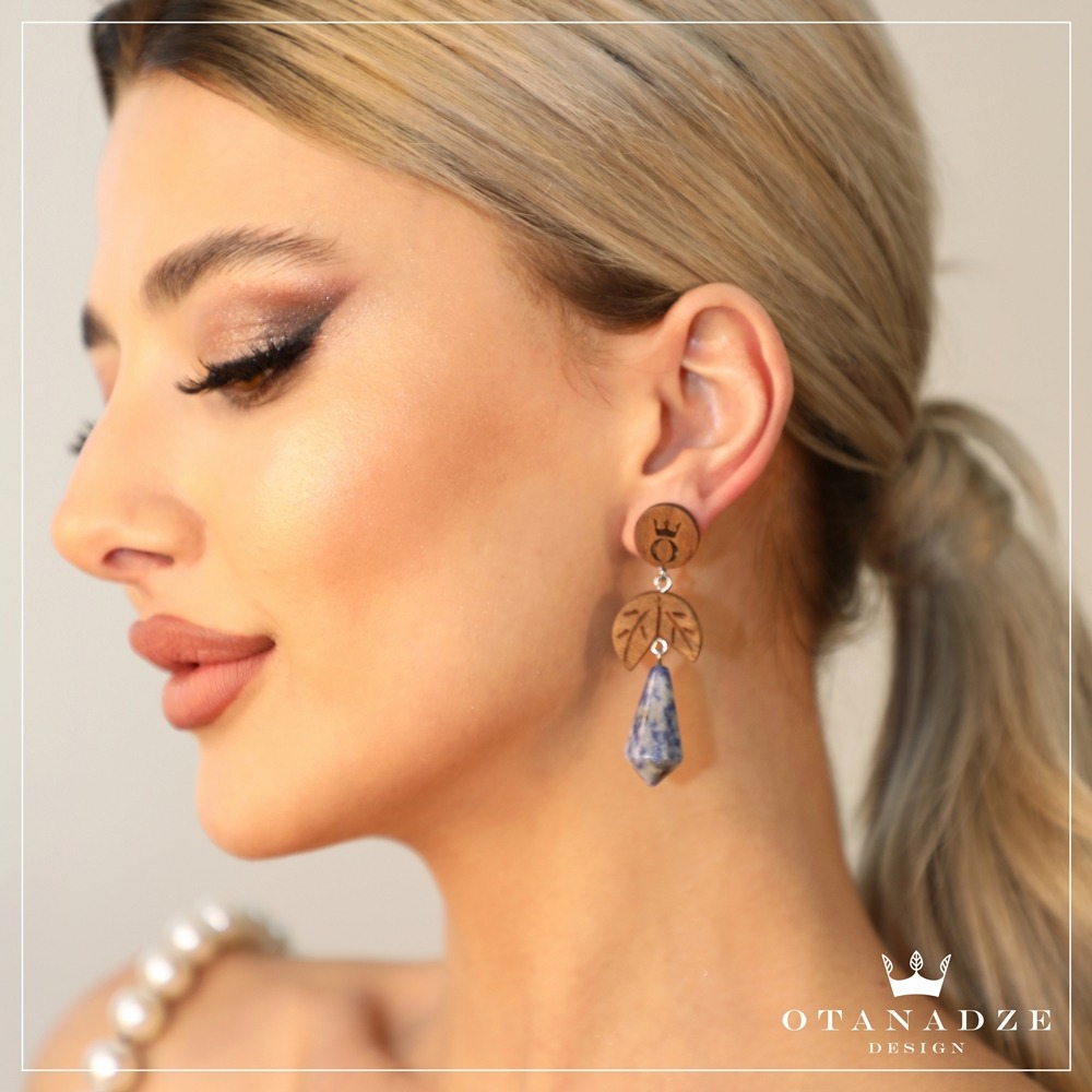 Handmade Wooden Earrings With Lapis Lazuli - Image 2
