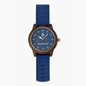 Handmade wooden watch with blue strap by OTANADZE.