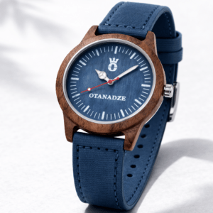 Handmade wooden watch with blue strap by OTANADZE.