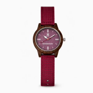 Handmade wooden watch with burgundy strap by OTANADZE.