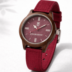 Handmade wooden watch with burgundy strap by OTANADZE.