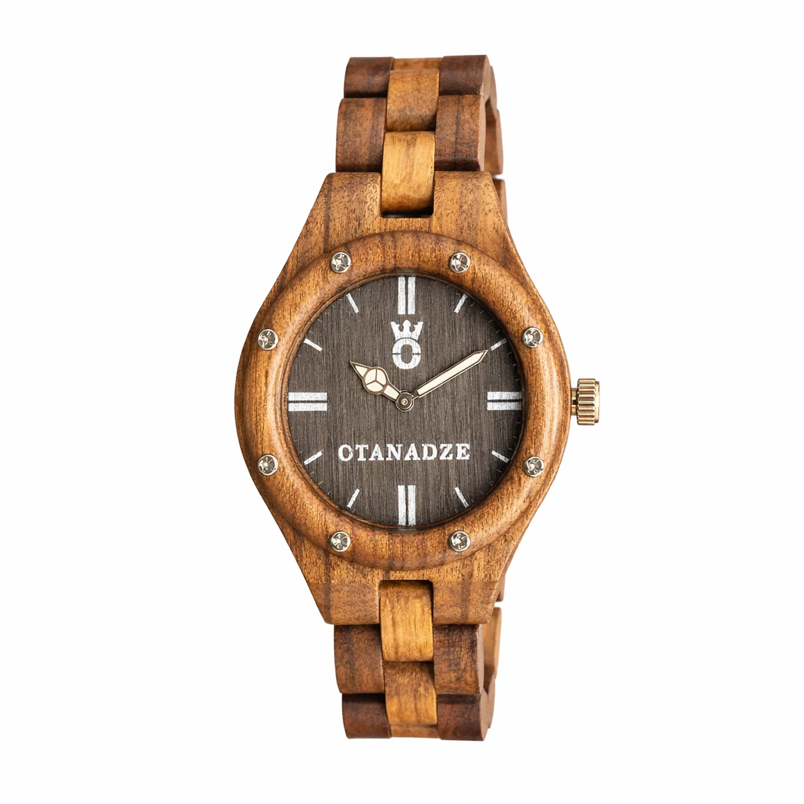 ხელნაკეთი ხის უნისექს საათი მუქი ციფერბლატით და ბუნებრივი ხის სამაჯურით